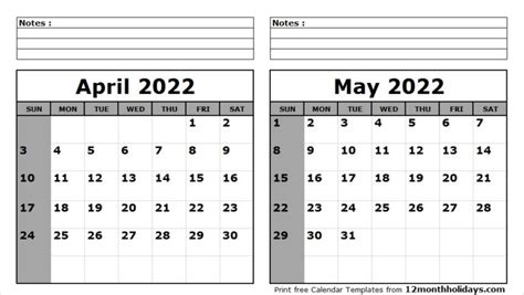 Print April May 2022 Calendar Template 2 Month Calendar