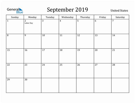 September 2019 Monthly Calendar With United States Holidays