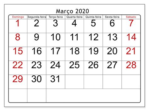 Calendário Março 2020 Feriado