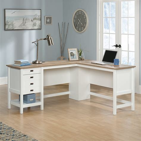 Sauder Cottage Road L Shaped Desk With Oak Top Soft White Finish