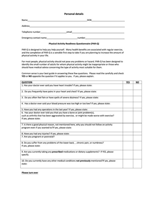 physical activity readiness questionnaire par  template
