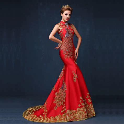 Luxury Red Embroidered Chinese Evening Dress Long Cheongsam Bride Wedding Qipao Mermaid