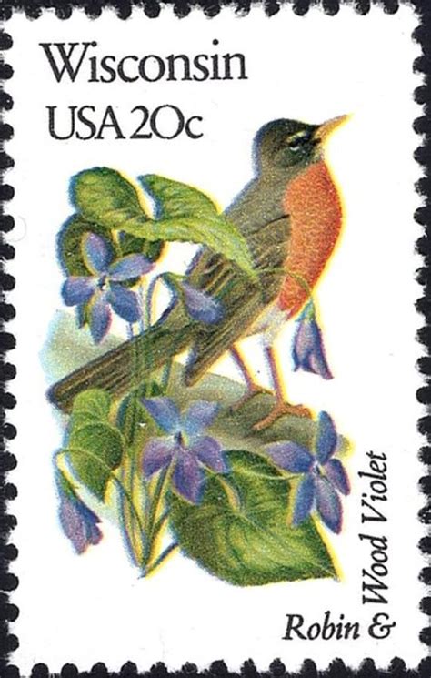 Five 20c Wisconsin State Bird And Flower Stamps Vintage Unused Us