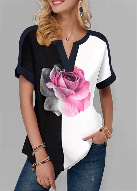 Rose Print Notch Neck Short Sleeve T Shirt | Trendy fashion tops, Womens trendy tops, Trendy ...