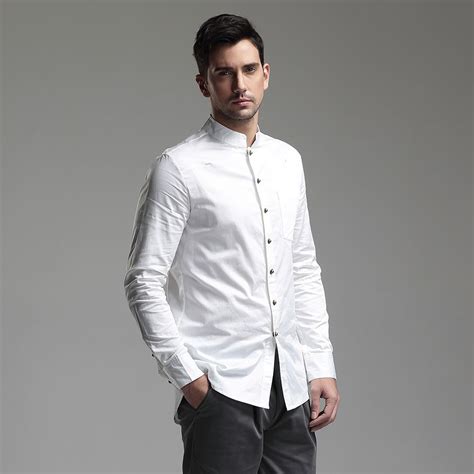 Modern Mandarin Collar Snap Button Shirt White Chinese Shirt