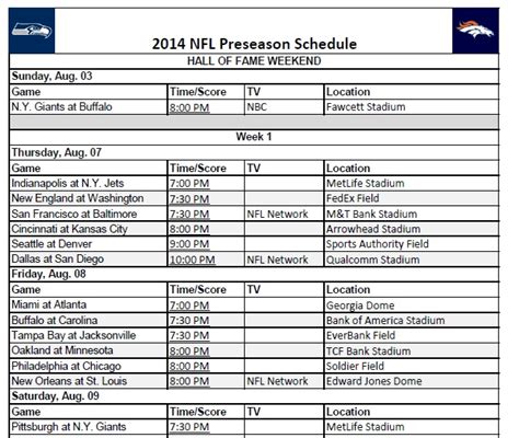 NFL Preseason Schedule Printerfriendly