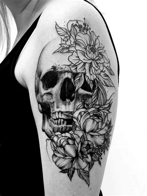 Realistic Blackwork Skull And Flower Tattoo By Adam Limited