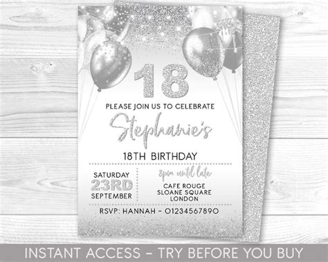18th Birthday Invitation Editable 18th Invite White Silver Etsy
