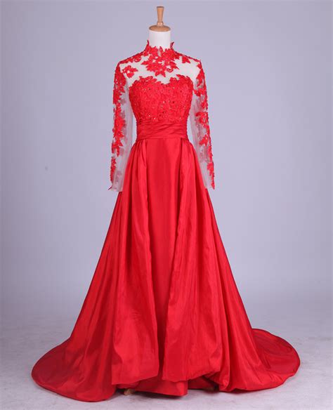 Beautiful Red Long Sleeves Floor Length Party Dresses Red Formal Gowns