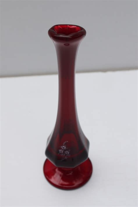 Vintage Fenton Ruby Red Glass Bud Vase Artist Signed Hand Painted Glass