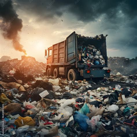Dump Truck In Landfill Dump An Environmental Concept Of Trash And