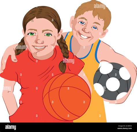 Two Kids In Sport Clothes Holding Balls Football Basketball Vector