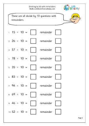 Divide by 10 with remainders - Division Maths Worksheets for Year 2