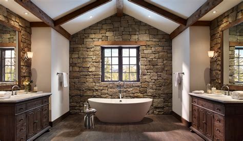 Rustic Stone Wall Bathroom With Open Tub Rustic Bathroom San