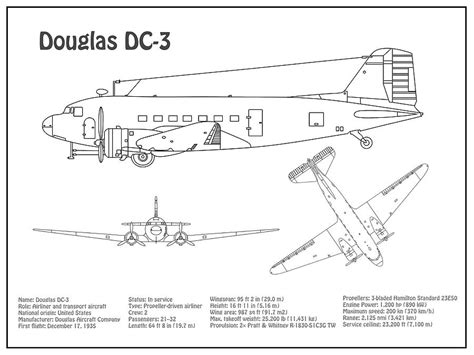 Douglas Dc 3 Airplane Blueprint Drawing Plans Schematics Bd Digital