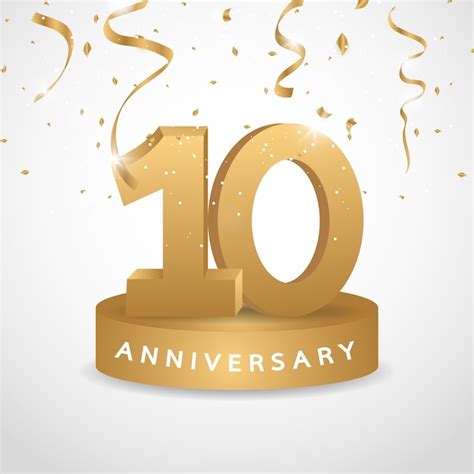 Logo De Aniversario De Oro De 10 Años Con Confeti Dorado Vector Premium
