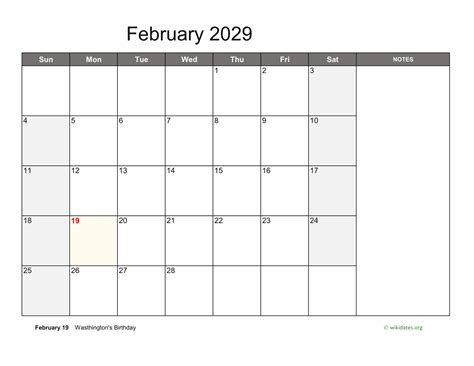 February 2029 Calendar With Notes