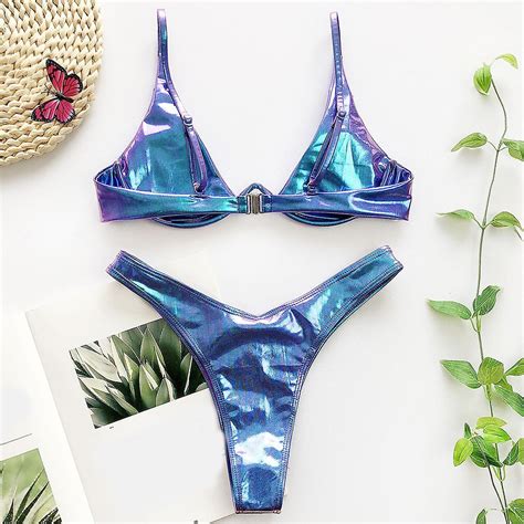 Frauen Sommer Sexy Brasilianischer Bikini Set Holographic Shiny Metallic Badeanzug Push Up