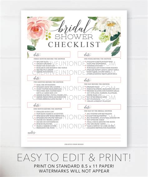 bridal shower checklist printable