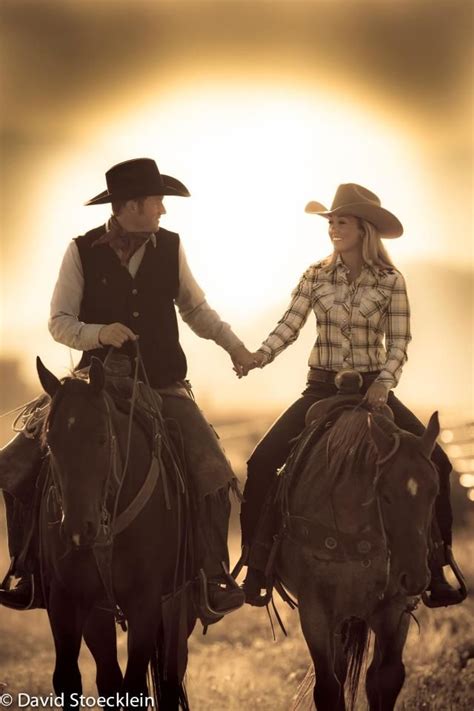 Cowboy And Cowgirl Romantic Horseback Sunset Engagement Shot Country