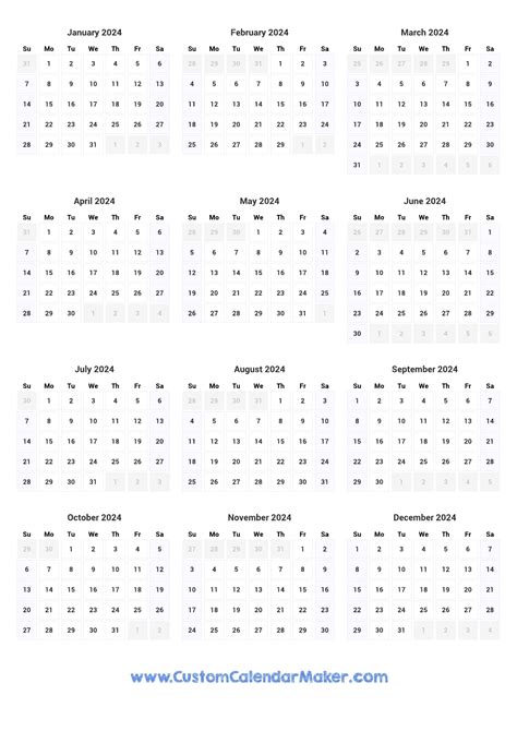 Printable Yearly Calendar 2024 Annual Planner Template