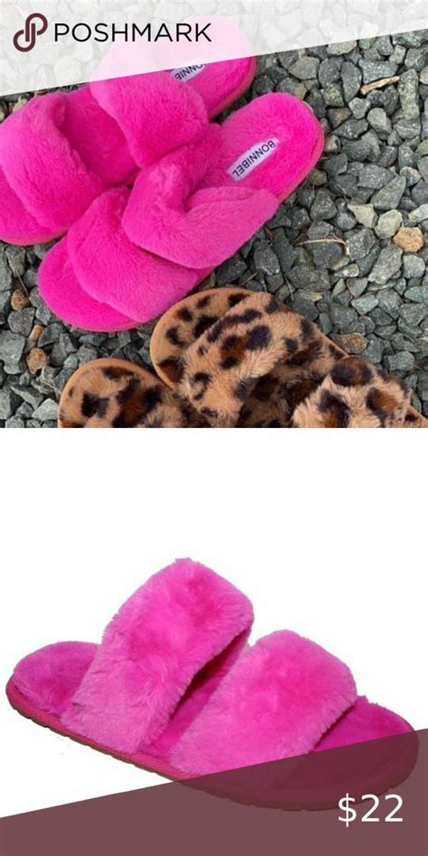 Classic Double Strap Fuzzy Slippers In Hot Pink Fuzzy Slippers Hot