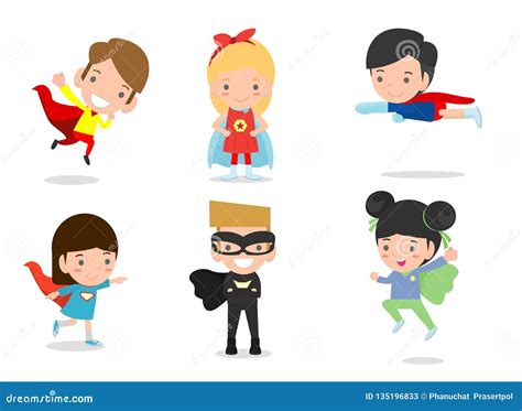 Cartoon Vector Illustration Of Kid Superheroes Wearing Comics Costumes