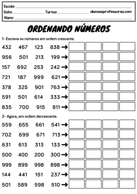 Atividade Ordem Crescente E Decrescente 4 Ano