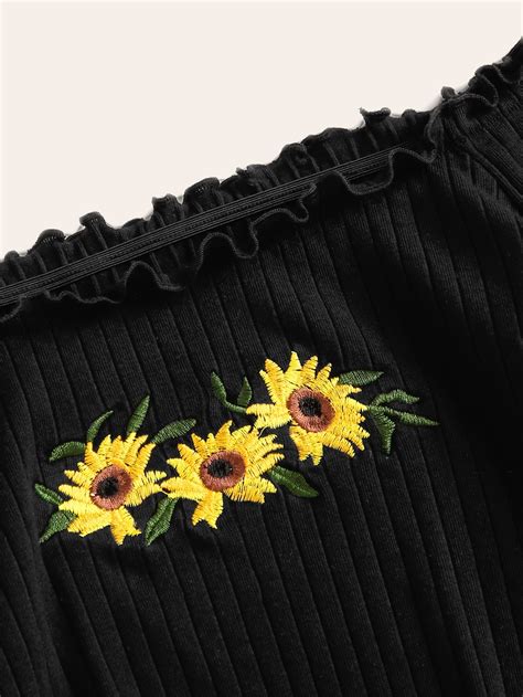 Embroidered Sunflower Lettuce Trim Rib Knit Bardot Top Romwe