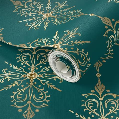 Victorian Teal And Gold Damask 2 Wallpaper Spoonflower