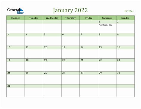 Fillable Holiday Calendar For Brunei January 2022