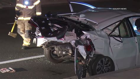 Car Crushed Following Rear End Crash That Injured Two Tustin Ca