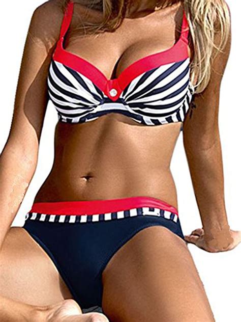 Sayfut Womens Push Up Two Piece Stripe Bikini Set Swimsuit Candy Padded Swimwear Bathing Suit