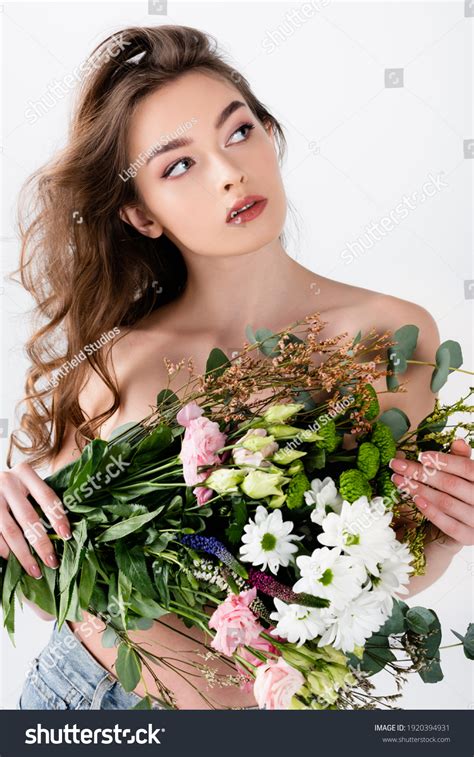Brunette Woman Naked Shoulders Holding Bouquet Stock Photo Shutterstock