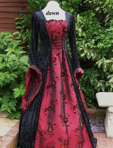 Whitby Gothic Medieval Black Velvet with Burgundy Taffeta Dress, Dawns ...