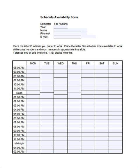 Free Printable Availability Form Printable Forms Free Online