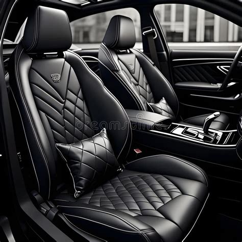 Modern Luxury Car Interior Black Leather Seats With Pillows Stock