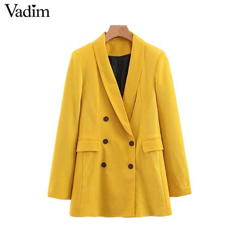 Vadim Women Chic Yellow Blazer Pockets Double Breasted Long Sleeve