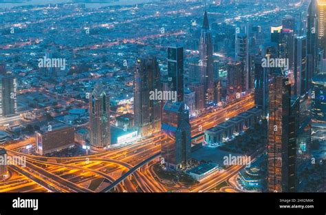 Aerial View Of Night Scenic View Of Dubai Skyline Evening Night Scenic