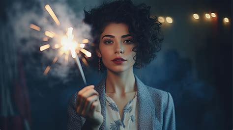Premium Ai Image A Woman With Curly Hair Holding A Lit Sparkler