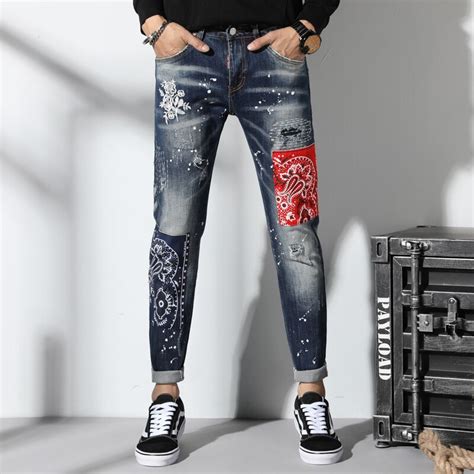 New Torn Ripped Jeans For Men Spliced Embroidery Skinny Jeans Men