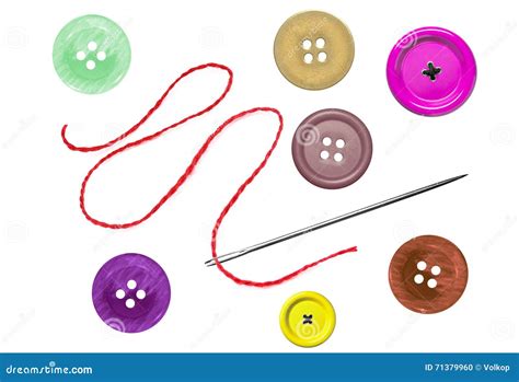 Bright Sewing Buttons And Needle With Thread Isolated On White Stock