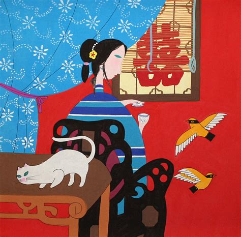 Birds And Lady View Chinese Modern Art Asian Artwork