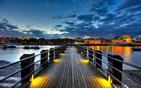 Dock Sea Cityscape Boats Night Lights Wallpaper