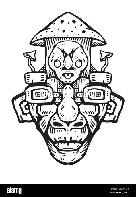 A Surreal Totem With A Mask And Mushrooms Outline Vector Illustration