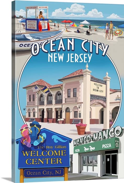 Ocean City New Jersey Montage Retro Travel Poster Wall Art Canvas