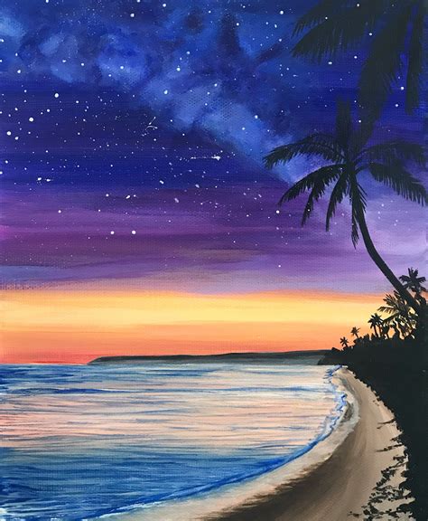 An Acrylic Painting Of A Beach With Palm Trees And The Ocean At Night