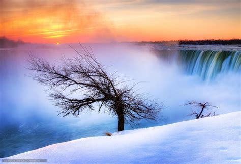 Download Wallpaper Sunset Winter Waterfall Tree Free Desktop