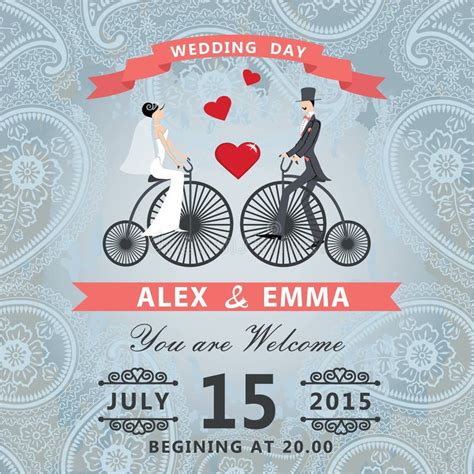 wedding invitation with bride groom retro bicycle floral frame stock