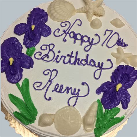 Birthday Cake With Buttercream Purple Iris Flowers And White Chocolate
